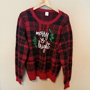 Holiday Time Ugly Christmas Sweater Women’s  Sz XL Plaid Merry Bright Red Plaid